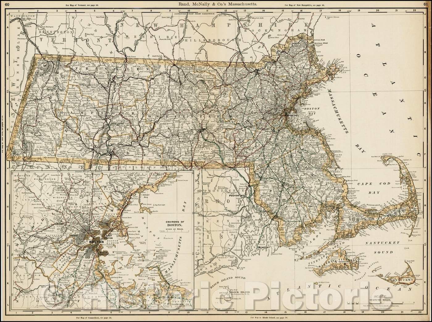 Historic Map - Massachusetts, 1896, Rand McNally & Company - Vintage Wall Art