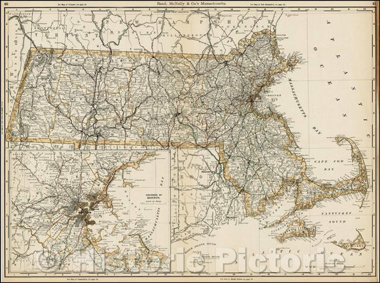Historic Map - Massachusetts, 1896, Rand McNally & Company - Vintage Wall Art