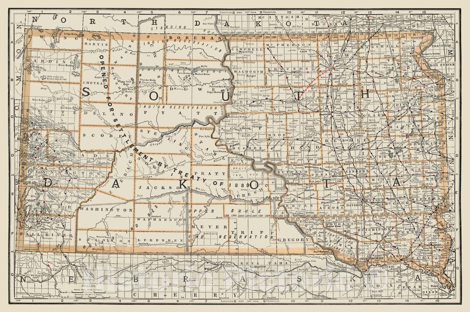 Historic Map - South Dakota, 1890, William Rand - Vintage Wall Art