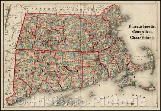 Historic Map - Massachusetts, Connecticut and Rhode Island, 1873, J. David Williams - Vintage Wall Art