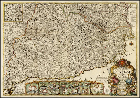 Historic Map - La Principaute de Catalogne et Le Comte de Roussillon Suivant Les Nouvelle :: The Principality of Catalonia and The Count of Roussillon, 1703 - Vintage Wall Art