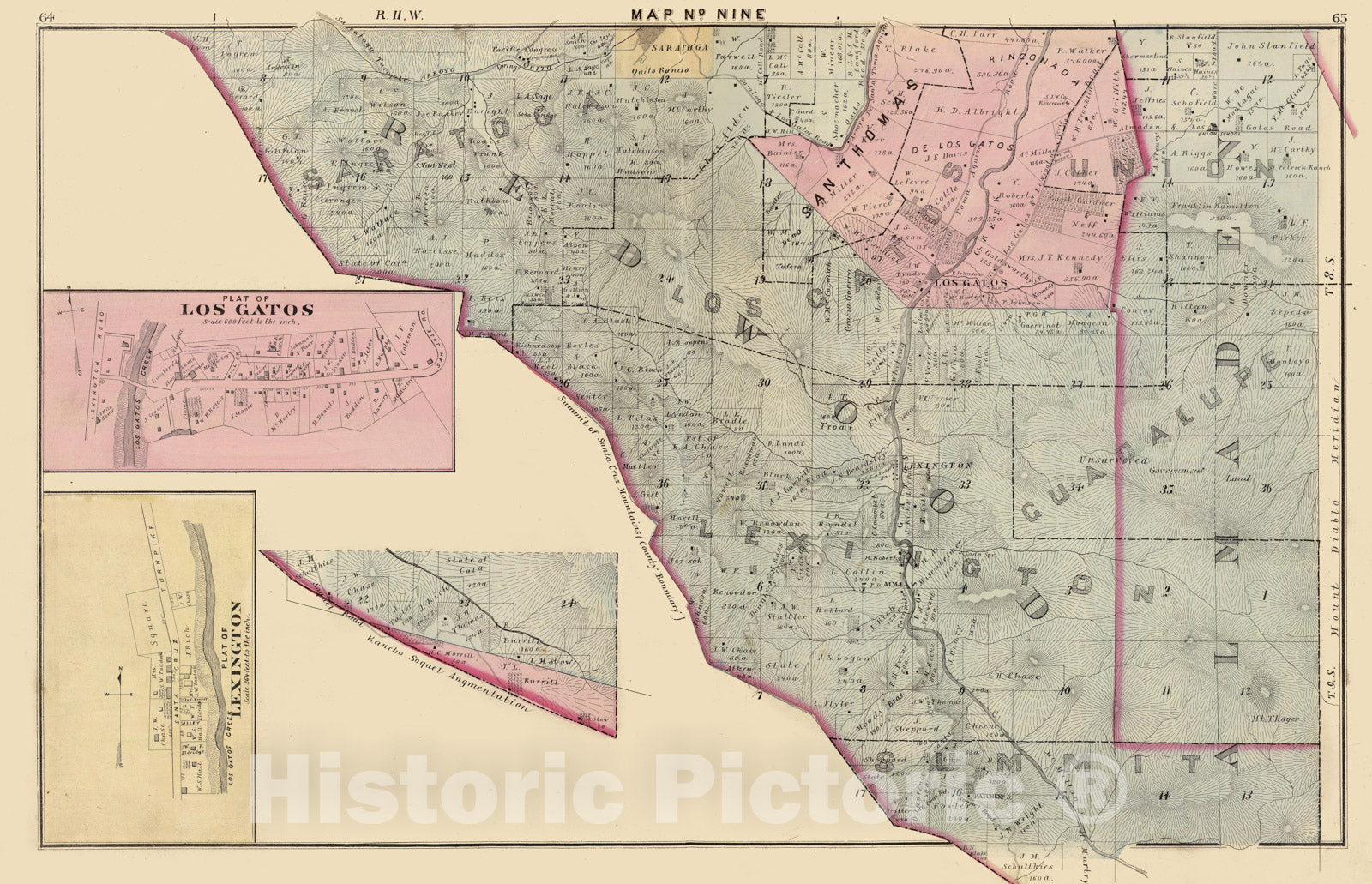 Historic Map - Saratoga, Los Gatos, Redwood and Lexington areas of Santa Clara County and Plat of Los Gatos with Plat of Lexington, 1876, Thompson & West - Vintage Wall Art