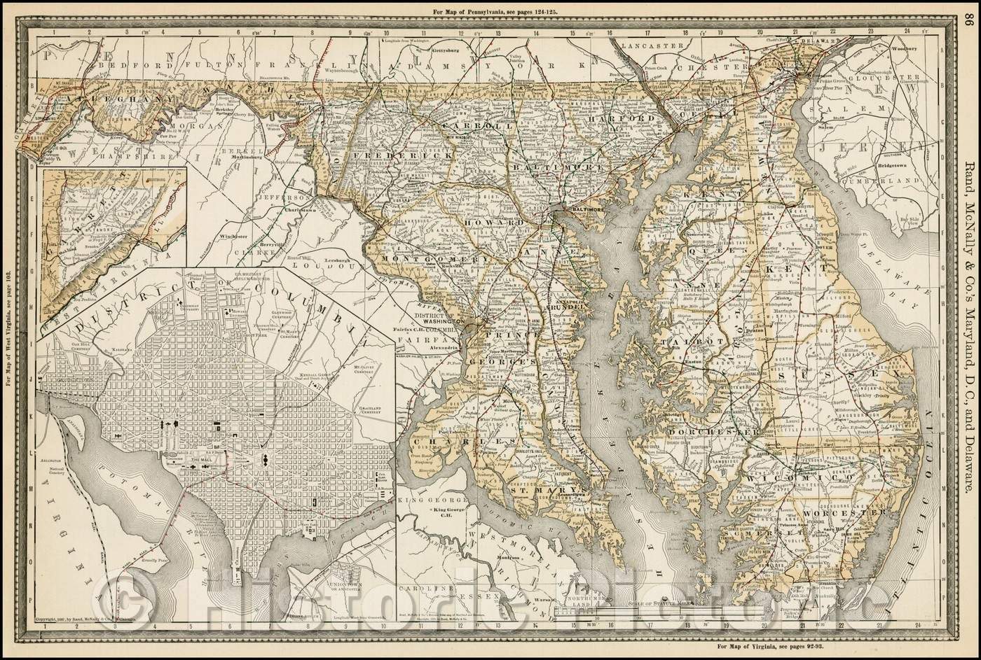 Historic Map - Rand McNally & Co.'s Maryland, D.C. and Delaware, 1887, William Rand - Vintage Wall Art