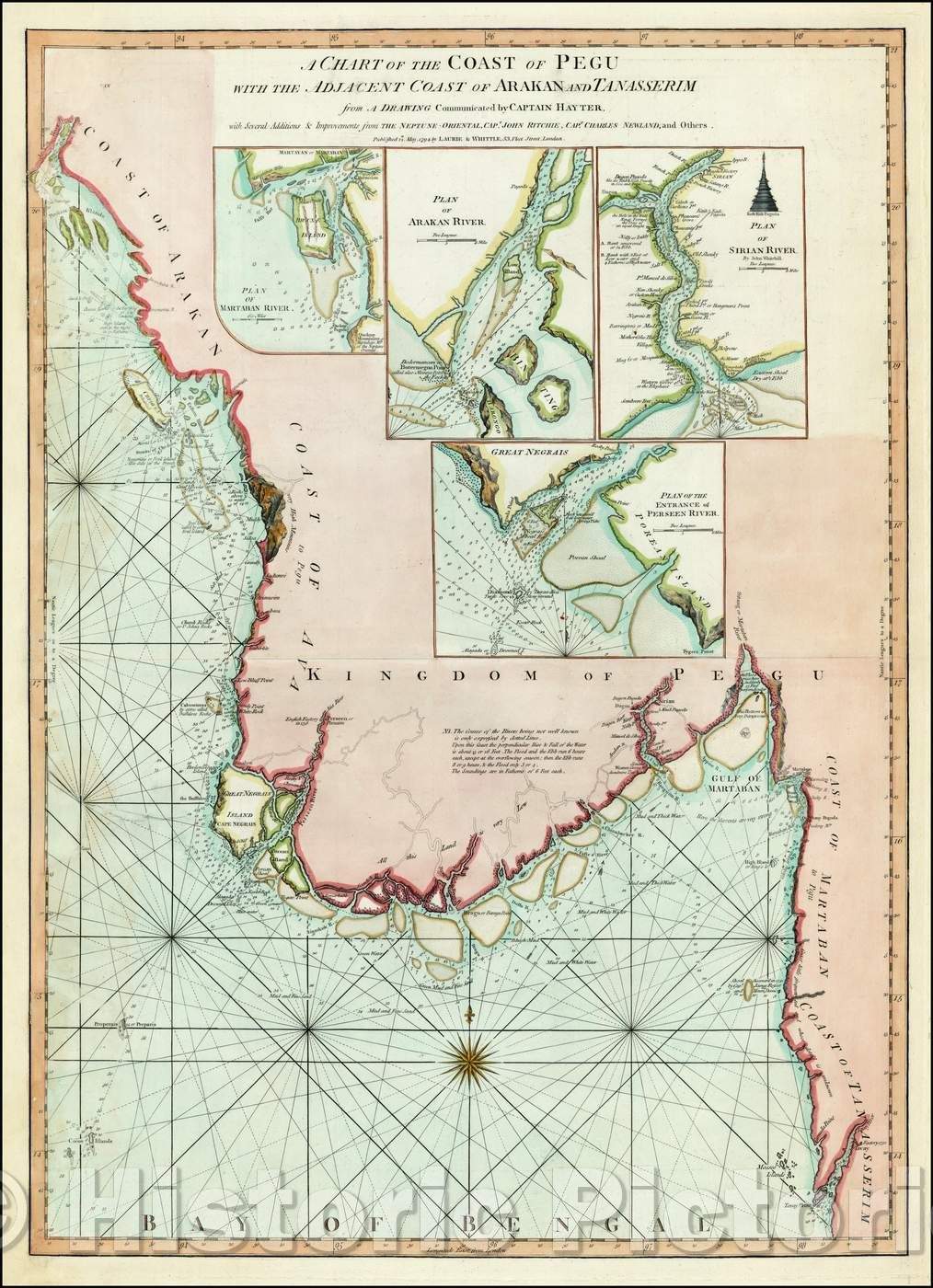 Historic Map - A Chart of the Coast of Pegu with the Adjacent Coast of Arakan and Tanasserim from A Drawing Communicated, 1794, Laurie & Whittle - Vintage Wall Art