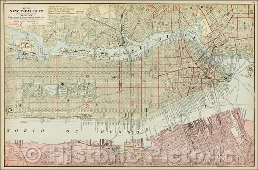 Historic Map - Map of New York City Showing the Borough of Manhattan With Portions of Brooklyn. Long Island City, Jersey City, Hoboken, Weehawken, etc, 1899 v1