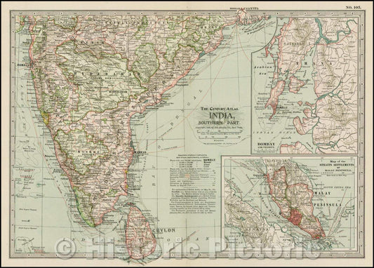 Historic Map - India, Southern Part, 1897, The Century Company - Vintage Wall Art