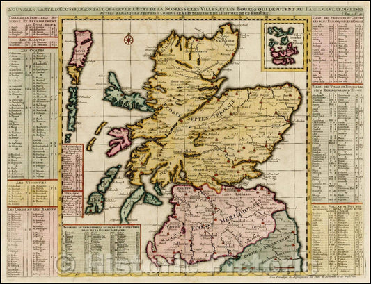 Historic Map - Nouvelle Carte D'Ecosse, ou L'on Fait Observer L'Etat de la Noblesse: Les Villes, et Les Bourgs qui deputent au Parlement, 1719, Henri Chatelain - Vintage Wall Art