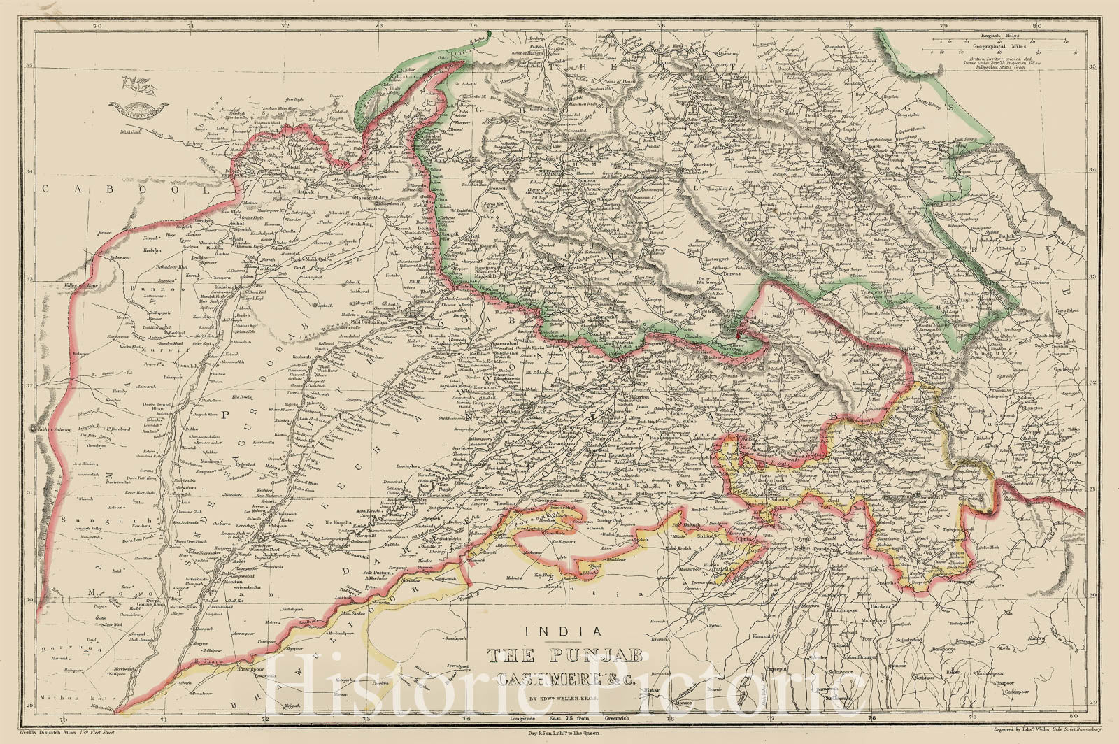 Historic Map - India - The Punjab Cashmere &c, 1863, Edward Weller - Vintage Wall Art