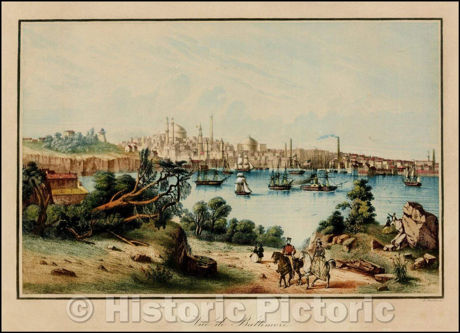 Historic Map - Vue de Baltimore, 1840, Le Breton - Vintage Wall Art