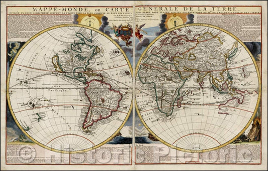Historic Map - Mappe-Monde, ou Carte Generale De La Terre, Divisee En Deux Hemisphere, 1705, Nicolas de Fer v1