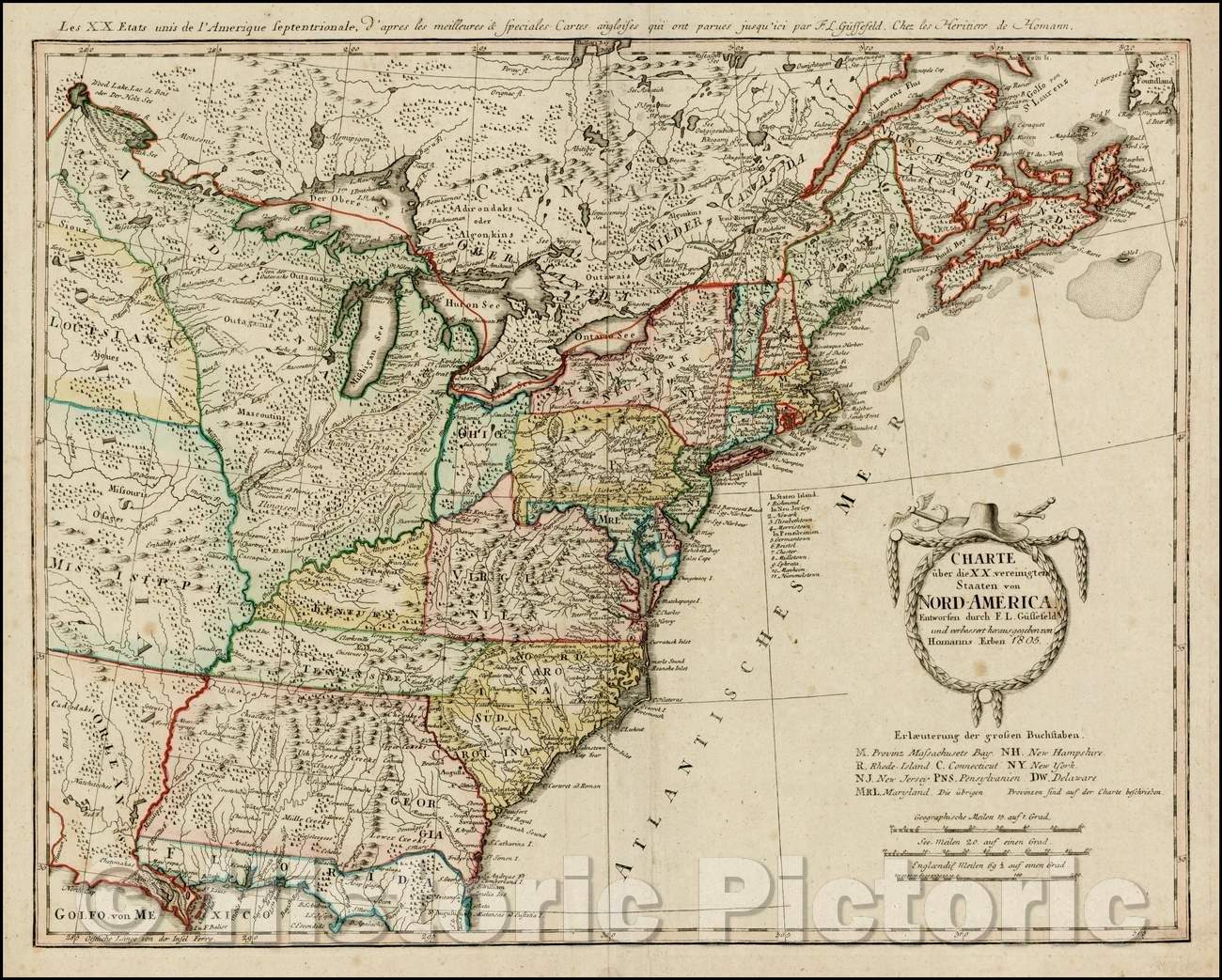 Historic Map - Charte uber die XX vereinigte Staaten von Nord-America Entworfen duch F.L, 1805 - Vintage Wall Art