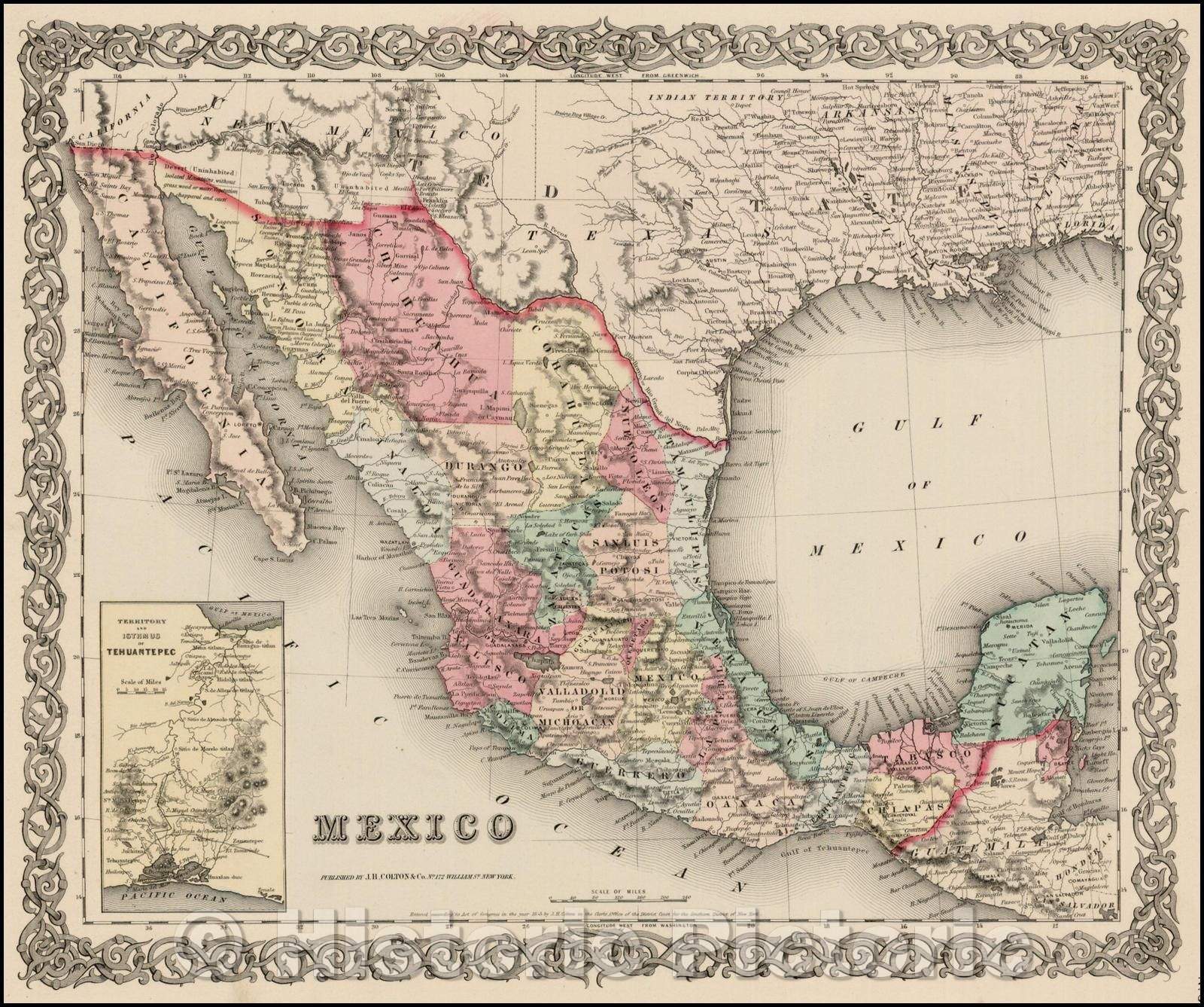 Historic Map - Mexico, 1855, Joseph Hutchins Colton - Vintage Wall Art