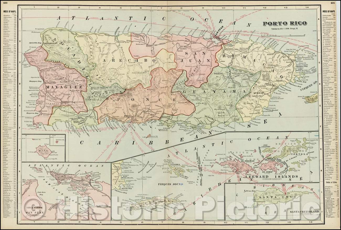 Historic Map - Porto Rico [with the Virgin Islands], 1899, George F. Cram - Vintage Wall Art