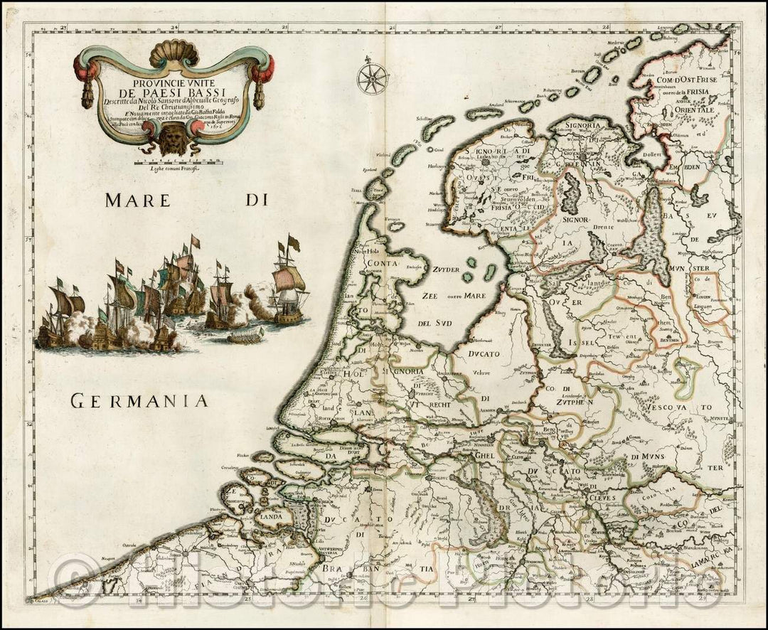 Historic Map - Provincie Unite De Paesi Bassi/Map of the Low Countries, Regions and shows towns, rivers, forests, 1672, Giacomo Giovanni Rossi - Vintage Wall Art