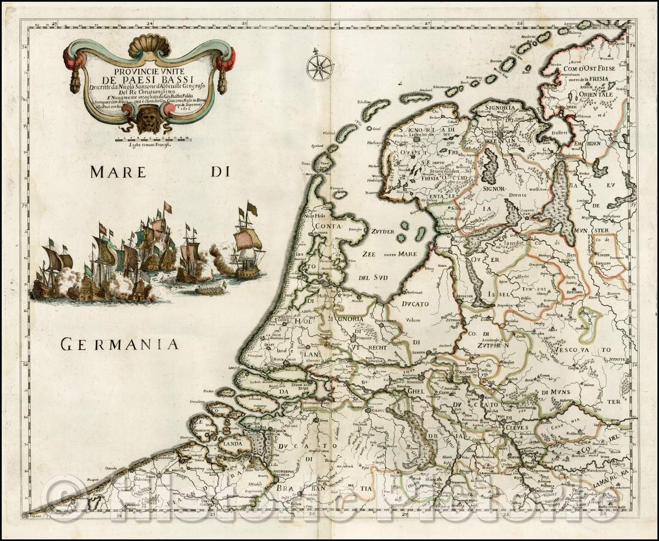 Historic Map - Provincie Unite De Paesi Bassi/Map of the Low Countries, Regions and shows towns, rivers, forests, 1672, Giacomo Giovanni Rossi - Vintage Wall Art