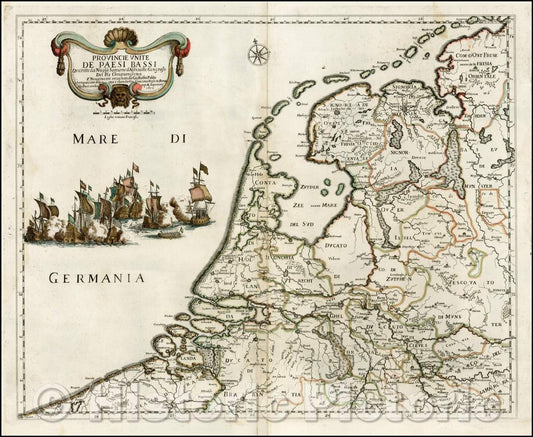 Historic Map - Provincie Unite De Paesi Bassi/Map of the Low Countries, Regions and shows towns, rivers, forests, 1672, Giacomo Giovanni Rossi - Vintage Wall Art