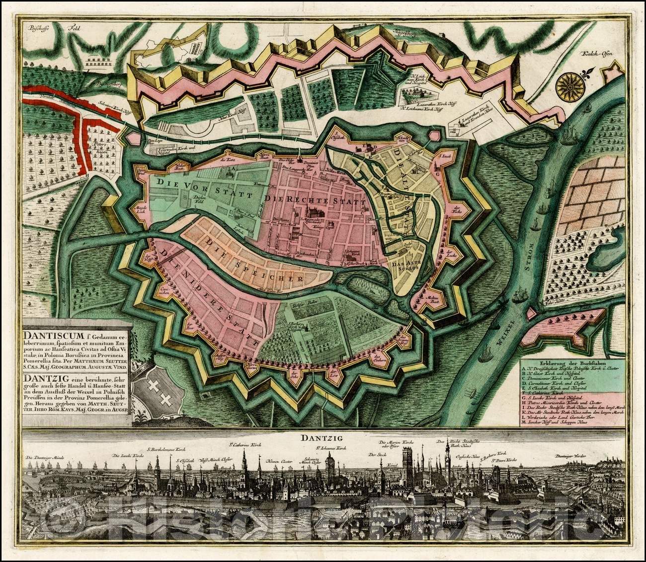 Historic Map - Dantiscum f Gedanum celeberrimum, spatiosum et munitum Emporium ac Hanseatica/Seutter's Plan and birdseye View of Dantzig, 1730 - Vintage Wall Art