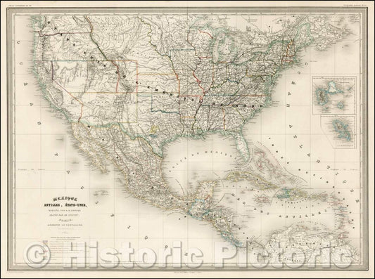 Historic Map - Mexique, Antilles, Etats-Unis, 1864, Adolphe Hippolyte Dufour - Vintage Wall Art