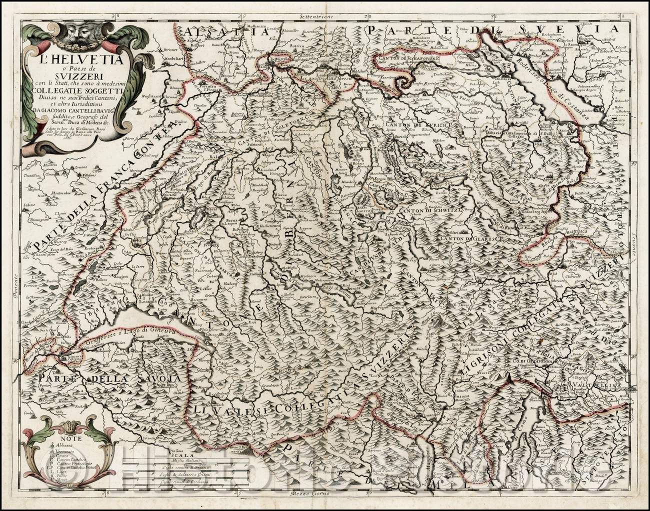 Historic Map - L'Helvetia o' Paese de Suizzeri con li Stati, che sonon a medesimi Collegati, e Soggetti :: Switzerland, from Rossi's Mercurio Geographico, 1686 - Vintage Wall Art