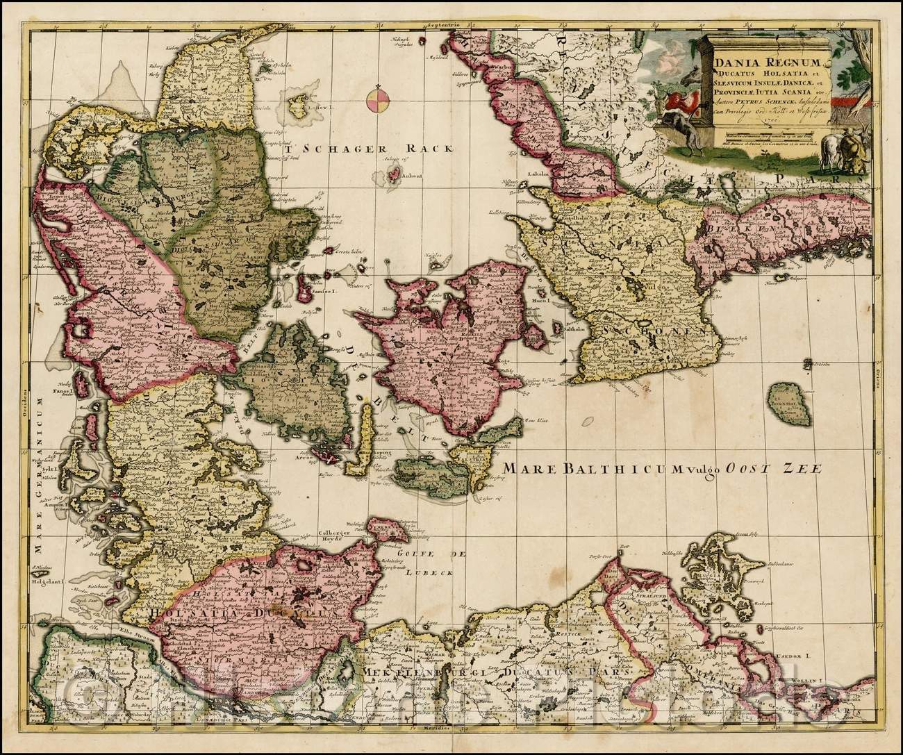 Historic Map - Dania Regnum, Ducatus Holsatia et Slesvicum Insulae Danicae et Provinciae Iutia Scania et, 1706, Peter Schenk v1
