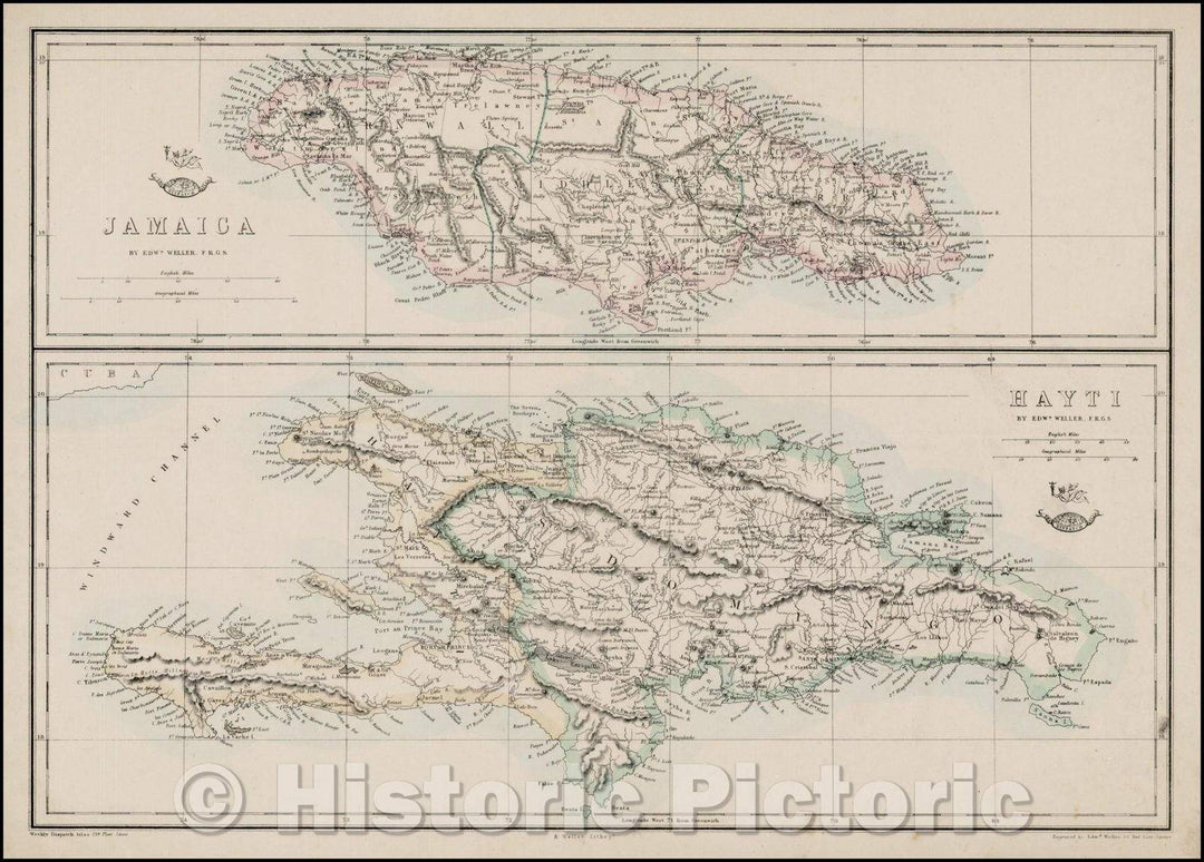 Historic Map - Jamaica (and) Hayti, 1860, Edward Weller - Vintage Wall Art