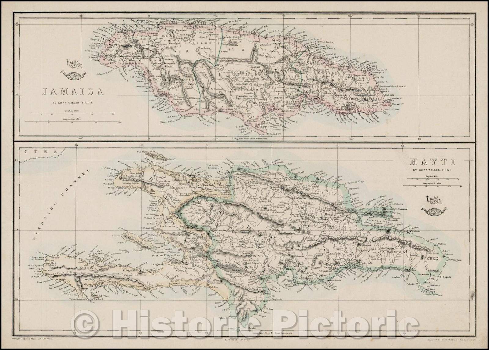 Historic Map - Jamaica (and) Hayti, 1860, Edward Weller - Vintage Wall Art