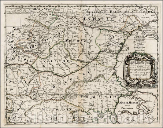 Historic Map - Corso del Danubio da Belgrado fino al Mar Nero con Provincie, che intorno al medesimo :: Lower Danube, from Rossi's Mercurio Geographico, 1684 - Vintage Wall Art