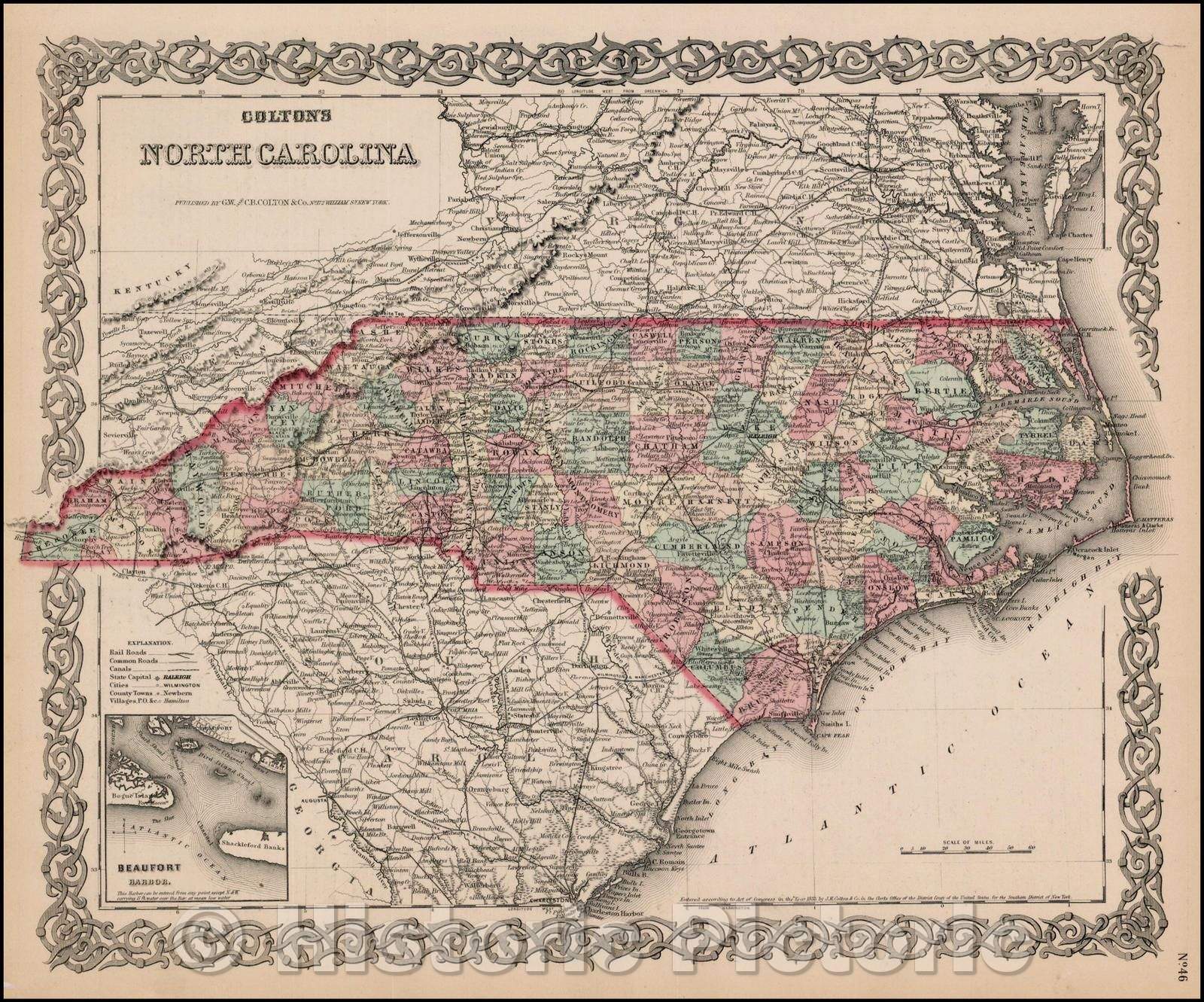 Historic Map - Colton's North Carolina, 1868, Joseph Hutchins Colton - Vintage Wall Art