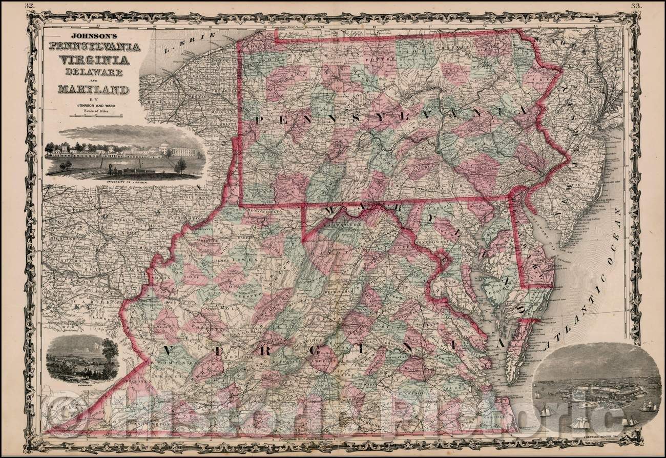 Historic Map - Johnson's Pennsylvania, Virginia, Delaware and Maryland, 1862, Benjamin Ward v2