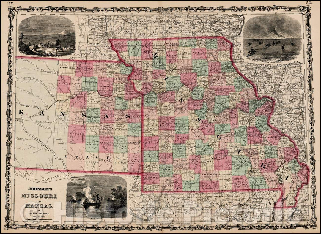 Historic Map - Johnson's Missouri and Kansas, 1862, Benjamin Ward v2