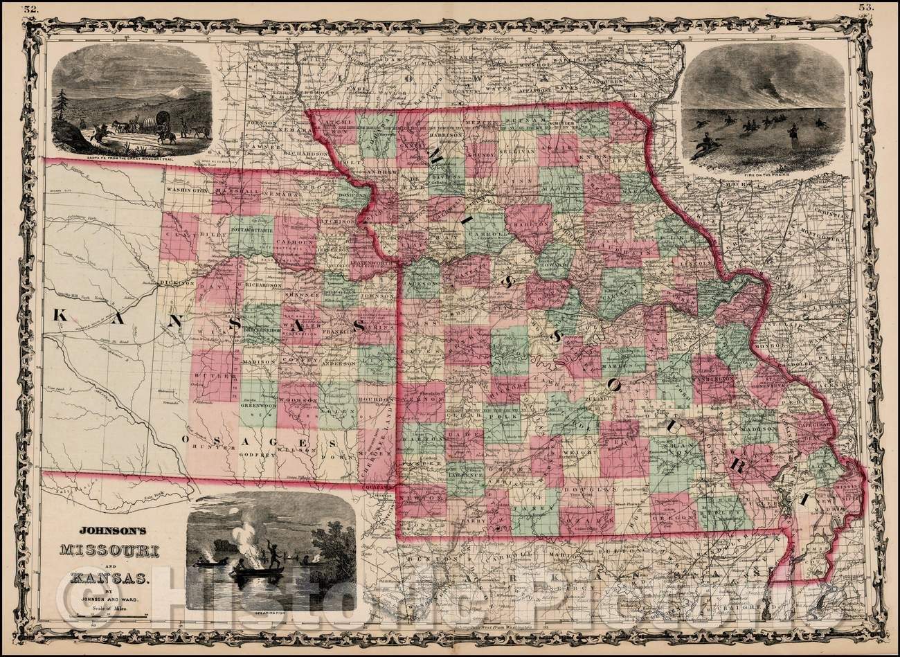 Historic Map - Johnson's Missouri and Kansas, 1862, Benjamin Ward v2