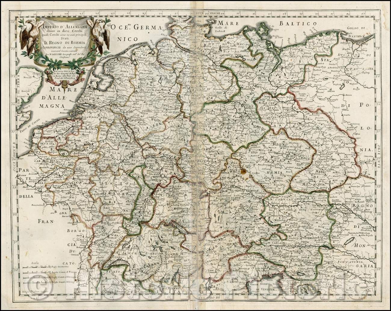 Historic Map - Imperio D'Allemagna diviso in deci Cerchi/Map of the German Empire, including the Low Countries and Germany, based upon Sanson's Map, 1673 - Vintage Wall Art