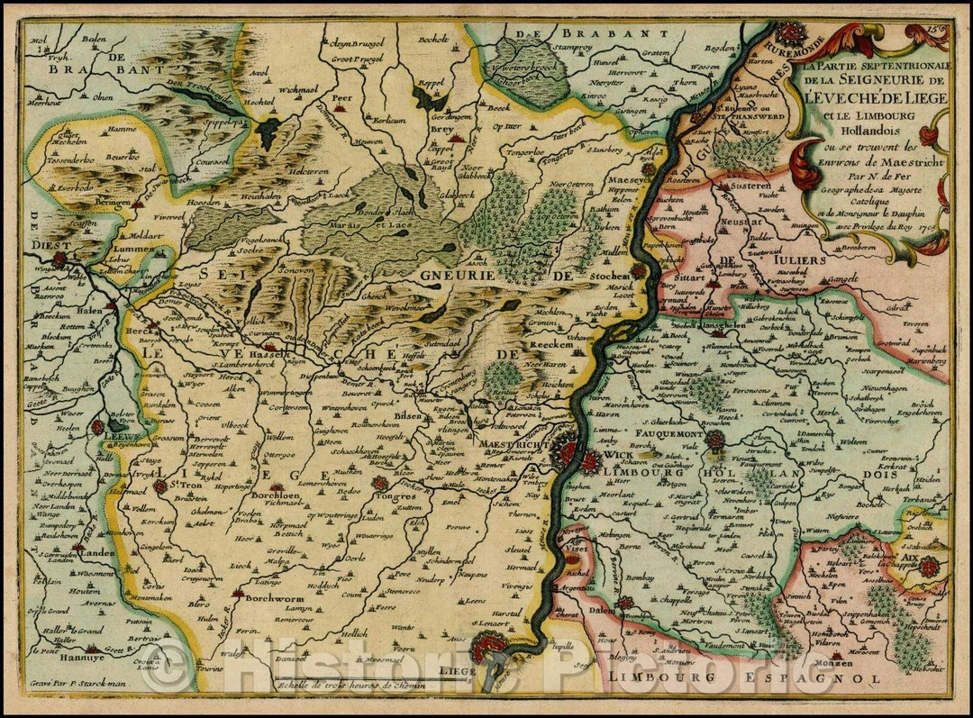 Historic Map - La Partie Septentrionale de la Seigneurie de L'Eveche de Liege et le Limbourg Holl :: Meuse River Region, Ruremond to Liege, Diest,Aix, 1705 - Vintage Wall Art