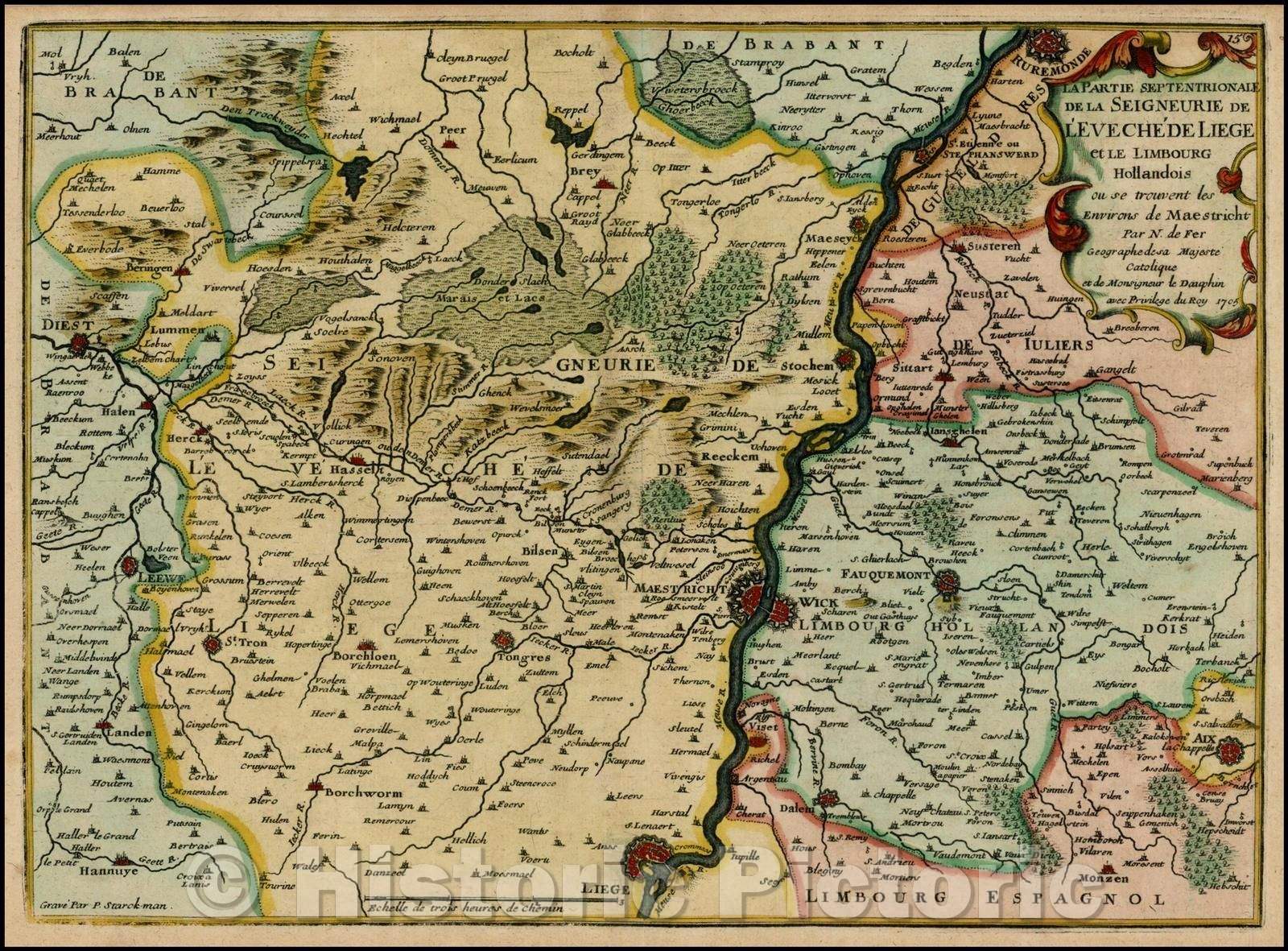 Historic Map - La Partie Septentrionale de la Seigneurie de L'Eveche de Liege et le Limbourg Holl :: Meuse River Region, Ruremond to Liege, Diest,Aix, 1705 - Vintage Wall Art