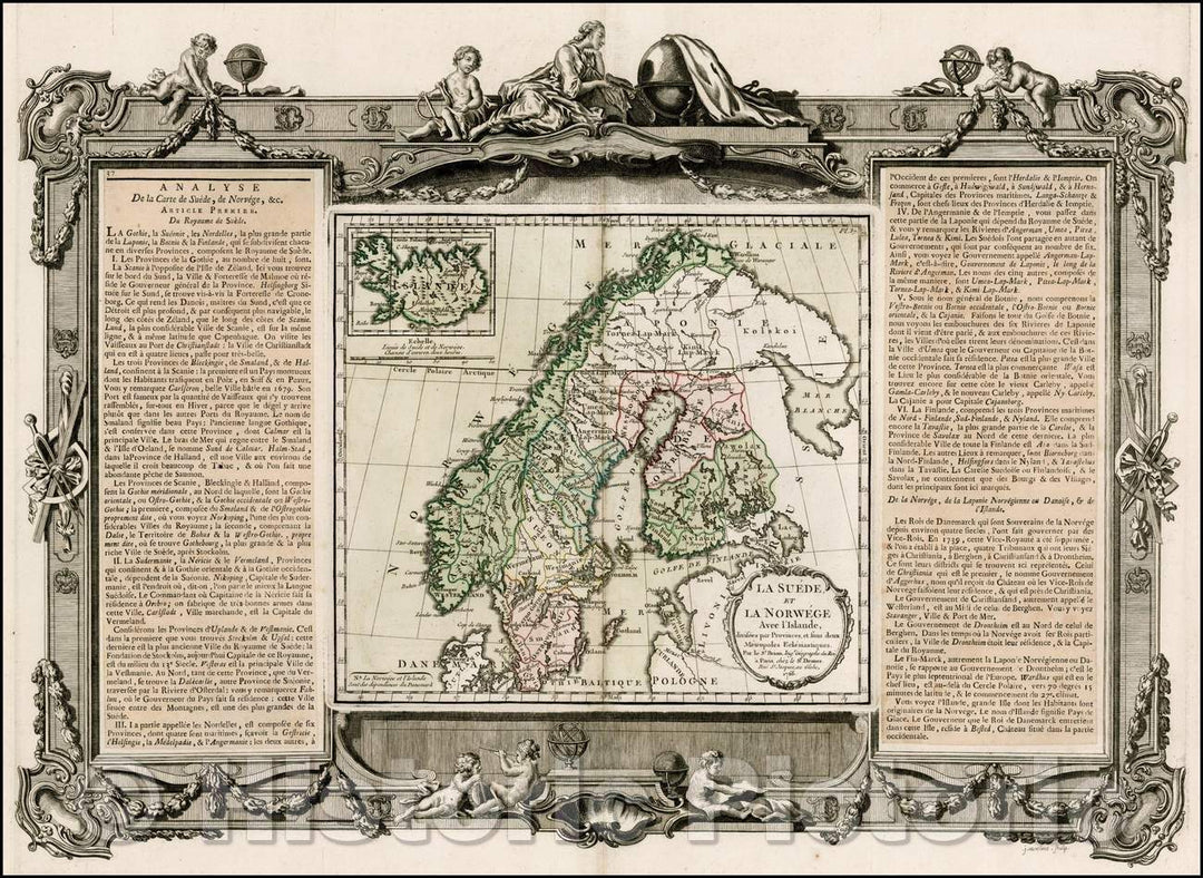 Historic Map - La Suede et La Norwege Avec l'Islande, divisee par Provinces, et sous deux Metropoles Eclesiastiques :: Scandinavia, large inset of Iceland, 1766 - Vintage Wall Art