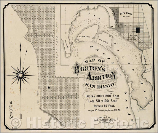 Historic Map - Map of Horton's Addition San Diego, 1870, G. T. Brown & Co. - Vintage Wall Art