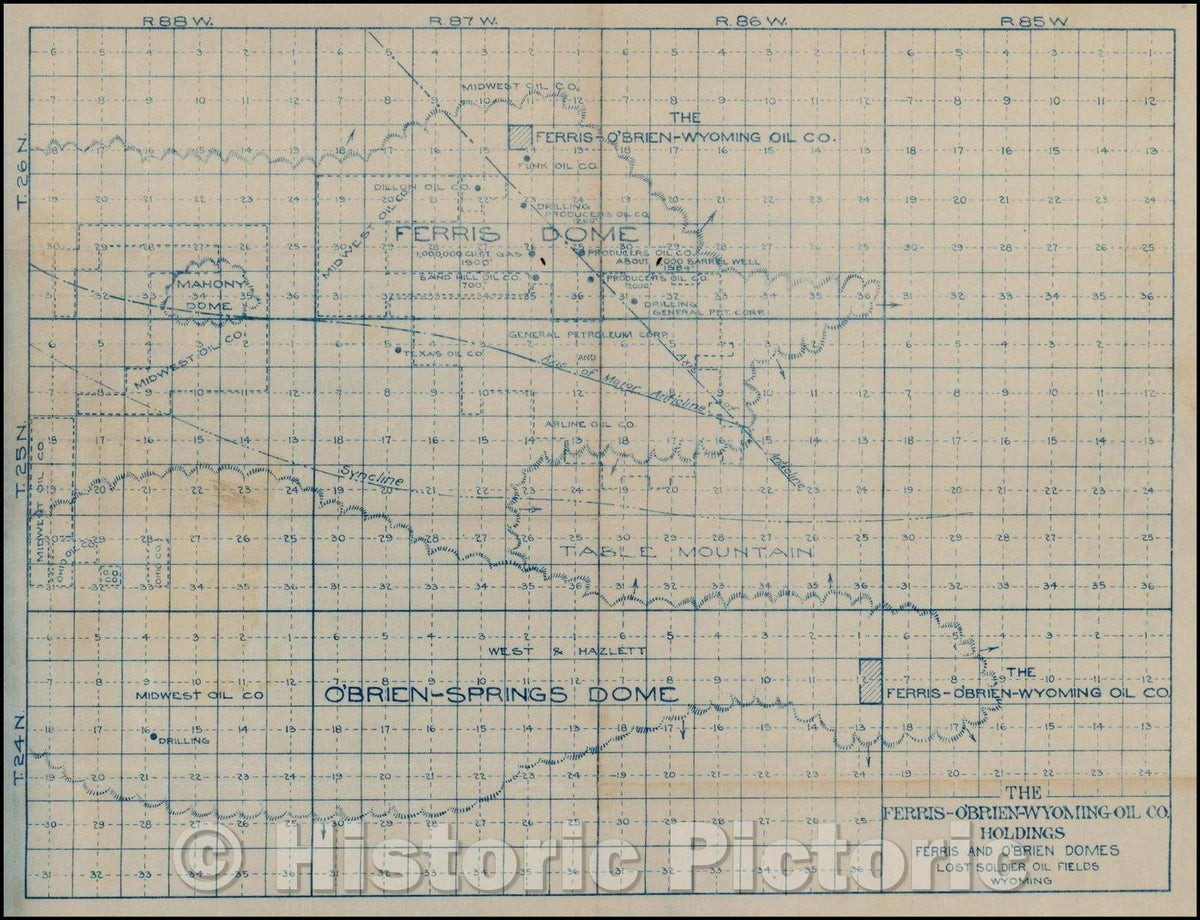 Historic Map - The Ferris-O'Brien-Wyoming Oil Co. Holdings Ferris & O'Brien Domes Lost Soldier Fields Wyoming, 1920, Anonymous - Vintage Wall Art