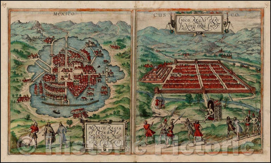 Historic Map - Mexico Regia et Celebris Hispaniae Novae Civitas and Cusco, Rengi Peru in Novo Orbe, 1572, Georg Braun v1