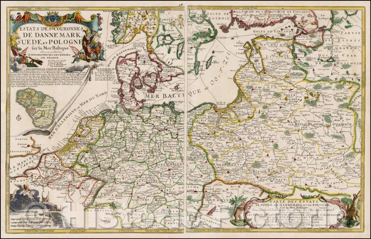 Historic Map - Estats Des Couronnes De Dannemark, Suede, Et Pologne, sur la Mer Baltique/Two sheet Map of the the Baltic Sea and contiguous Regions, 1705 - Vintage Wall Art