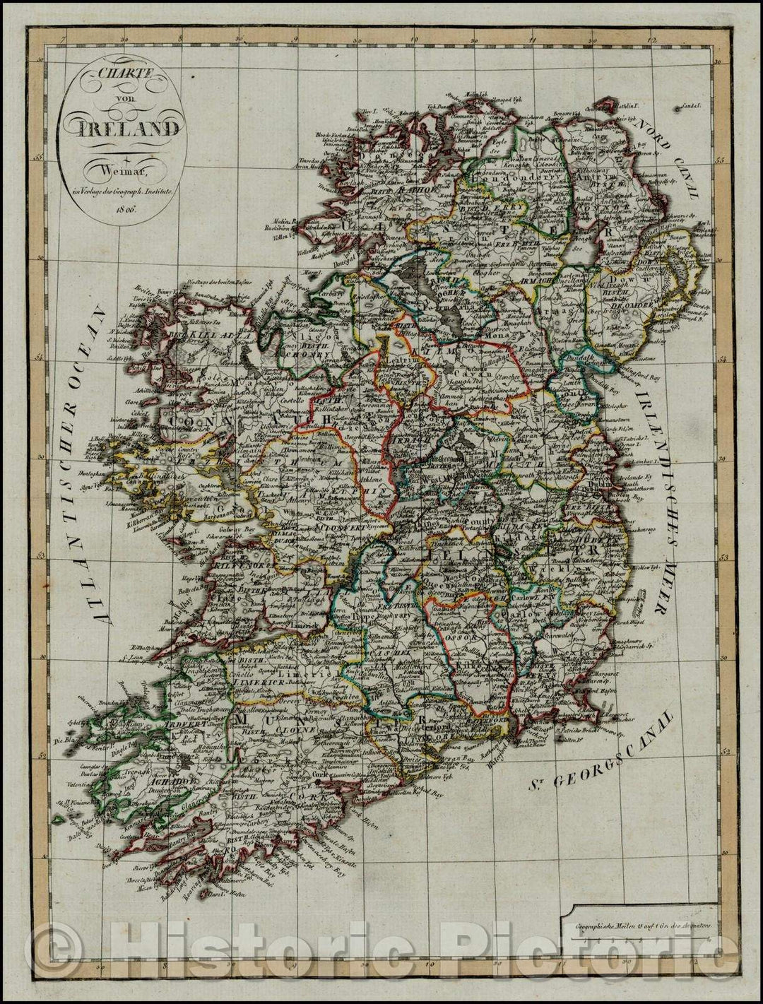 Historic Map - Charte von Ireland/Charter of Ireland, 1806, 1806, Weimar Geographische Institut - Vintage Wall Art