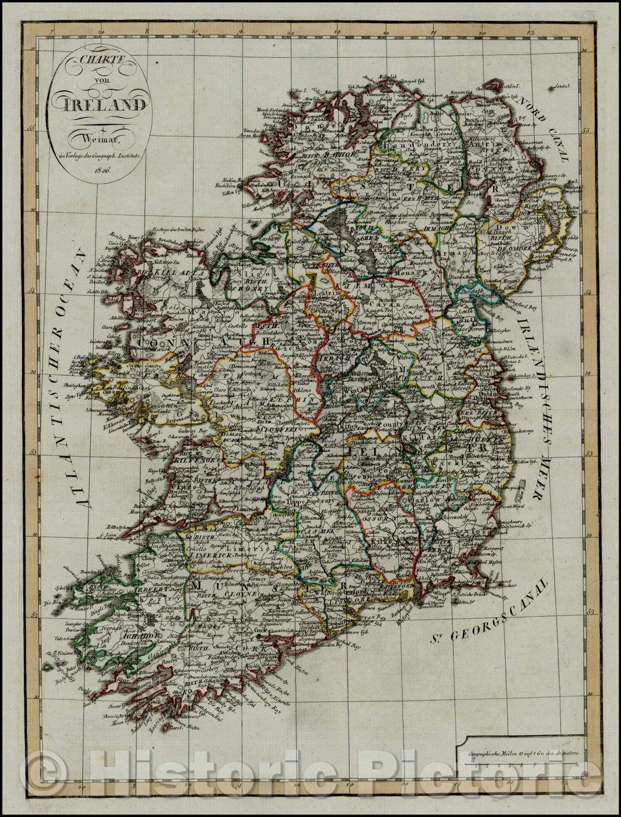 Historic Map - Charte von Ireland/Charter of Ireland, 1806, 1806, Weimar Geographische Institut - Vintage Wall Art