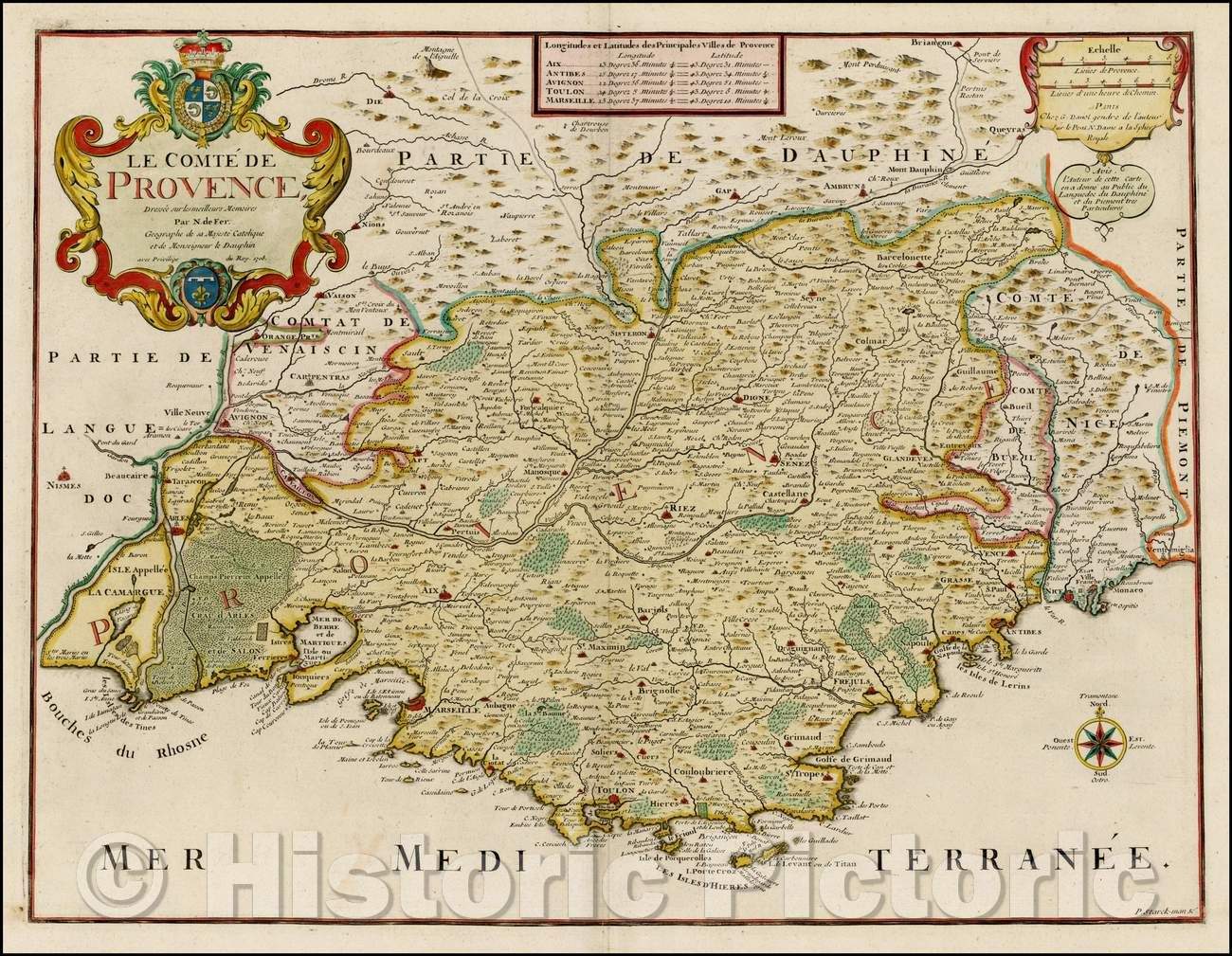 Historic Map - Le Comte de Provence Dressee sure les meilleurs Meoires Par N. de Fer :: The Count of Provence compiled the best sour Meoires, 1708 - Vintage Wall Art