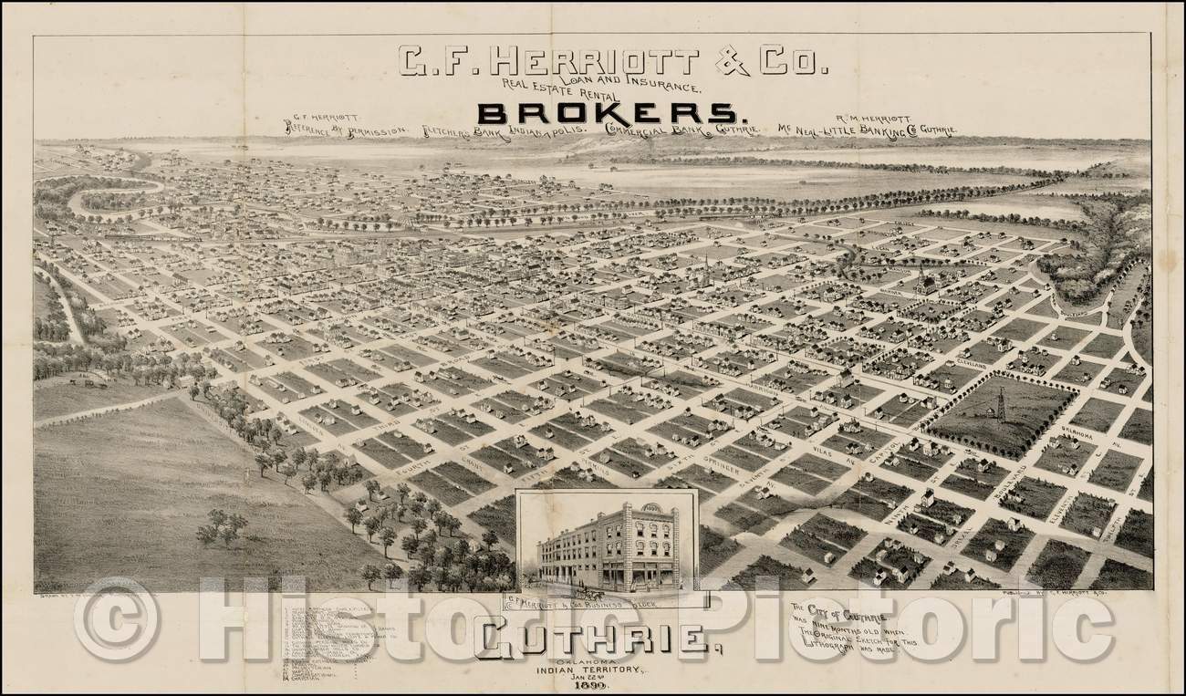 Historic Map - Guthrie, Oklahoma Indian Territory January 22, 1890, 1890, T.M. Fowler - Vintage Wall Art