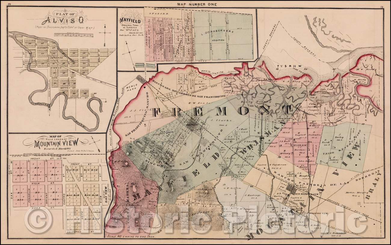 Historic Map - Fremont and Mountain View areas of Santa Clara County and Plan of Alviso with Map of Villa Lands of Mountain View with Mayfield, 1876 - Vintage Wall Art