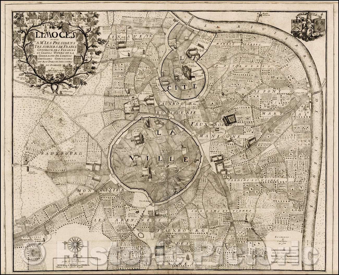 Historic Map - Limoges d?i?a Mrs Les Presidens Tresoriers de France Generaux/Plan of Limoges, published in Limoges by Jouvin de Rochefort, 1680 - Vintage Wall Art