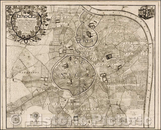 Historic Map - Limoges d?i?a Mrs Les Presidens Tresoriers de France Generaux/Plan of Limoges, published in Limoges by Jouvin de Rochefort, 1680 - Vintage Wall Art