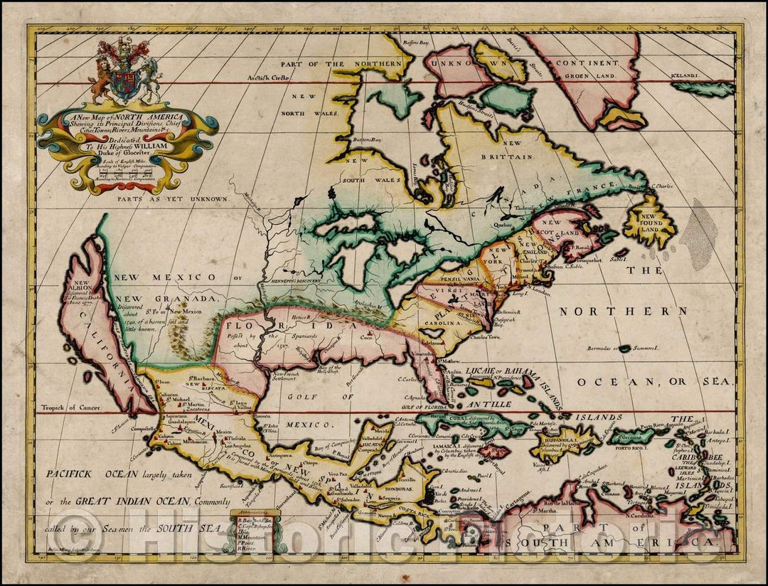 Historic Map - A New Map of North America Shewing its Principal Divisions, Chief Cities, Townes, Rivers, Mountains, 1700, Edward Wells - Vintage Wall Art