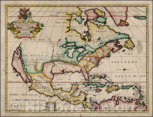 Historic Map - A New Map of North America Shewing its Principal Divisions, Chief Cities, Townes, Rivers, Mountains, 1700, Edward Wells - Vintage Wall Art
