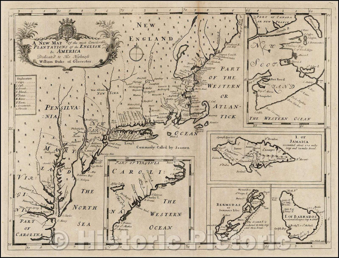 Historic Map - The most Considerable Plantations of the English In America Dedcicated to His Highness William Duke of Glocester, 1700, Edward Wells v2