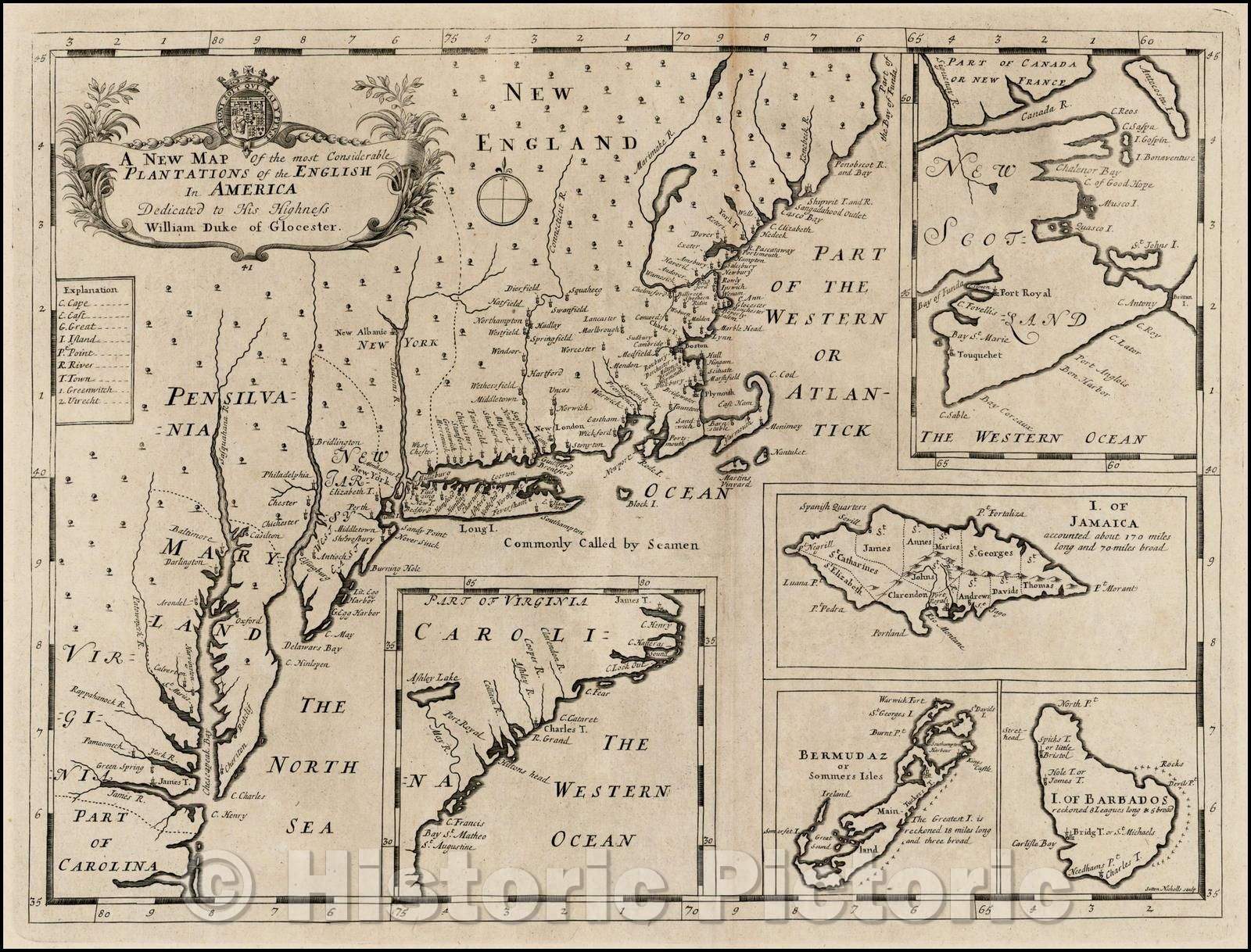 Historic Map - The most Considerable Plantations of the English In America Dedcicated to His Highness William Duke of Glocester, 1700, Edward Wells v2